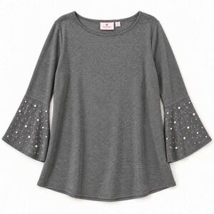 Quacker Factory XL Gray Pearl Embellished Bell Sleeve Knit Tunic Top A343657